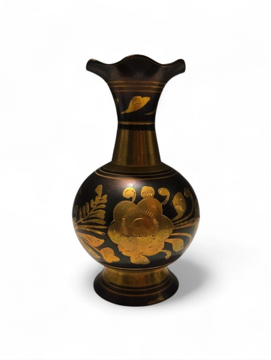 Other - Ornate Vintage Brass Black and Gold Floral Decorative Vase